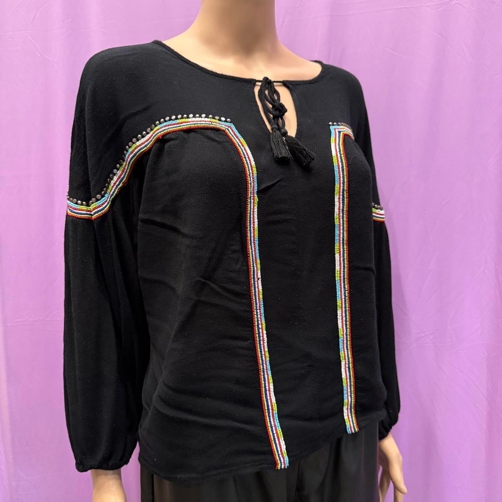 Piper by Townsen Black Boho Beaded Tassel Long Sleeve Top Small RN137282